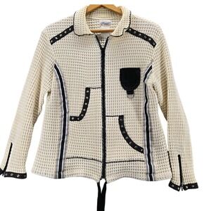 Vtg Waffle Knit‎ Sinch Jacket Cotton Light GOTTAHAVEIT  Black Ivory Large